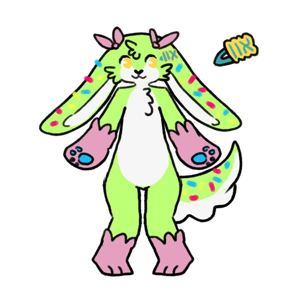 OC. A rabbit-like creature with long floppy ears. It's green and he has pink paws and ribbons on his ears. He has blue, pink and yellow sprinkles on the ears and tail. The eyes are yellow and his snout & belly are white. He has a pin on his left ear. On the right a zoomed version of said pin can be seen. 