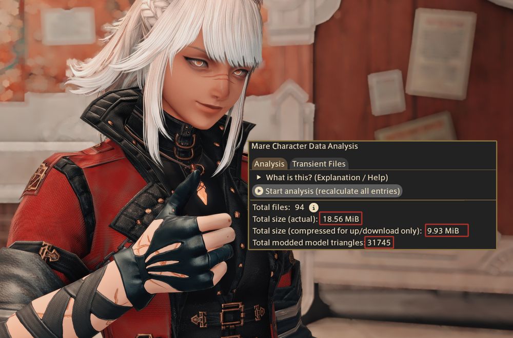 a screenshot of sonnet next tot he mare character data analysis UI showing the total size of 18.56 MiB, a compressed size of 9.93 MiB and a total modded triangle count of 31,745