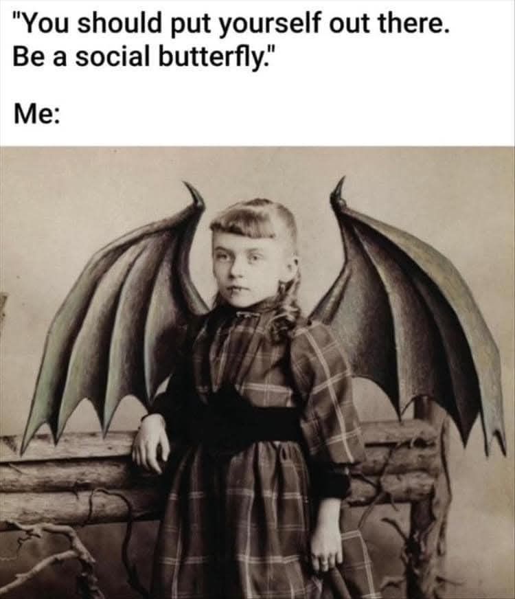 19th Century sepia-toned lithograph of a little girl in Victorian dress with leather bat-wings sprouting from her shoulders. Text reads: "You should put yourself out there. Be a social butterfly."
"Me:"