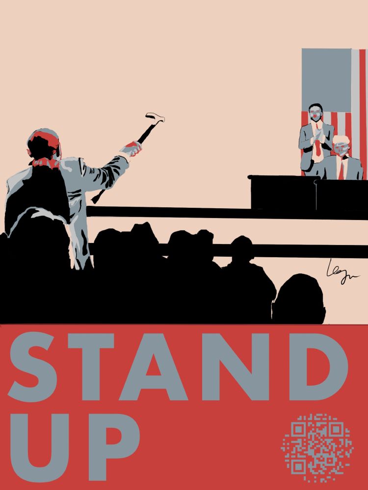 A digital collage portrait in the colors/style of the Obama hope portrait featuring Rep Al Green standing up with his cane pointed at trump and vance in the midst of the State of the Union; at the bottom against a red background are the words 'STAND UP' in bold type