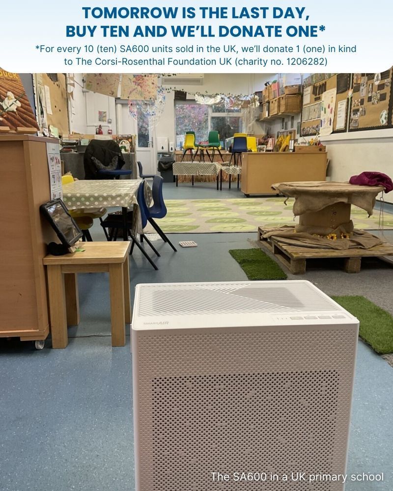 Smart Air's SA600 air purifier sits in the middle of a colourful UK primary school classroom with small tables, chairs, and children’s artwork on the walls. Text on the image promotes the final day of Smart Air’s “Buy Ten and We’ll Donate One” campaign supporting The Corsi-Rosenthal Foundation UK.