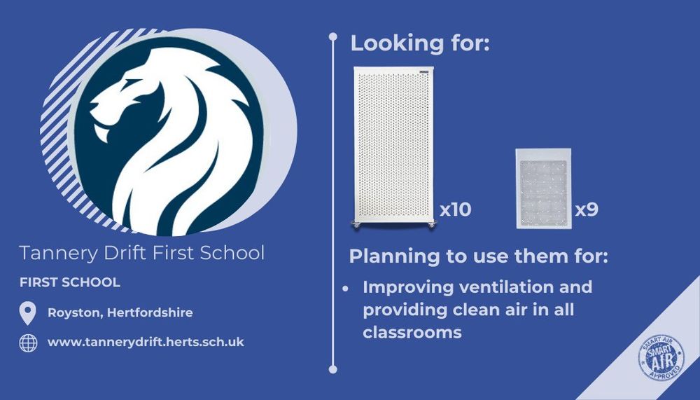 This image with a blue background shows the clean air needs of our latest recipient of the corporate donations programme, Tannery Drift First School. There is the school logo on the image, as well a picture of a Blast and a SA600 unit, as they are requesting 10 of the first kind, and 9 of the latter. They are planning to use them for "improving ventilation and providing clean air in all classrooms"