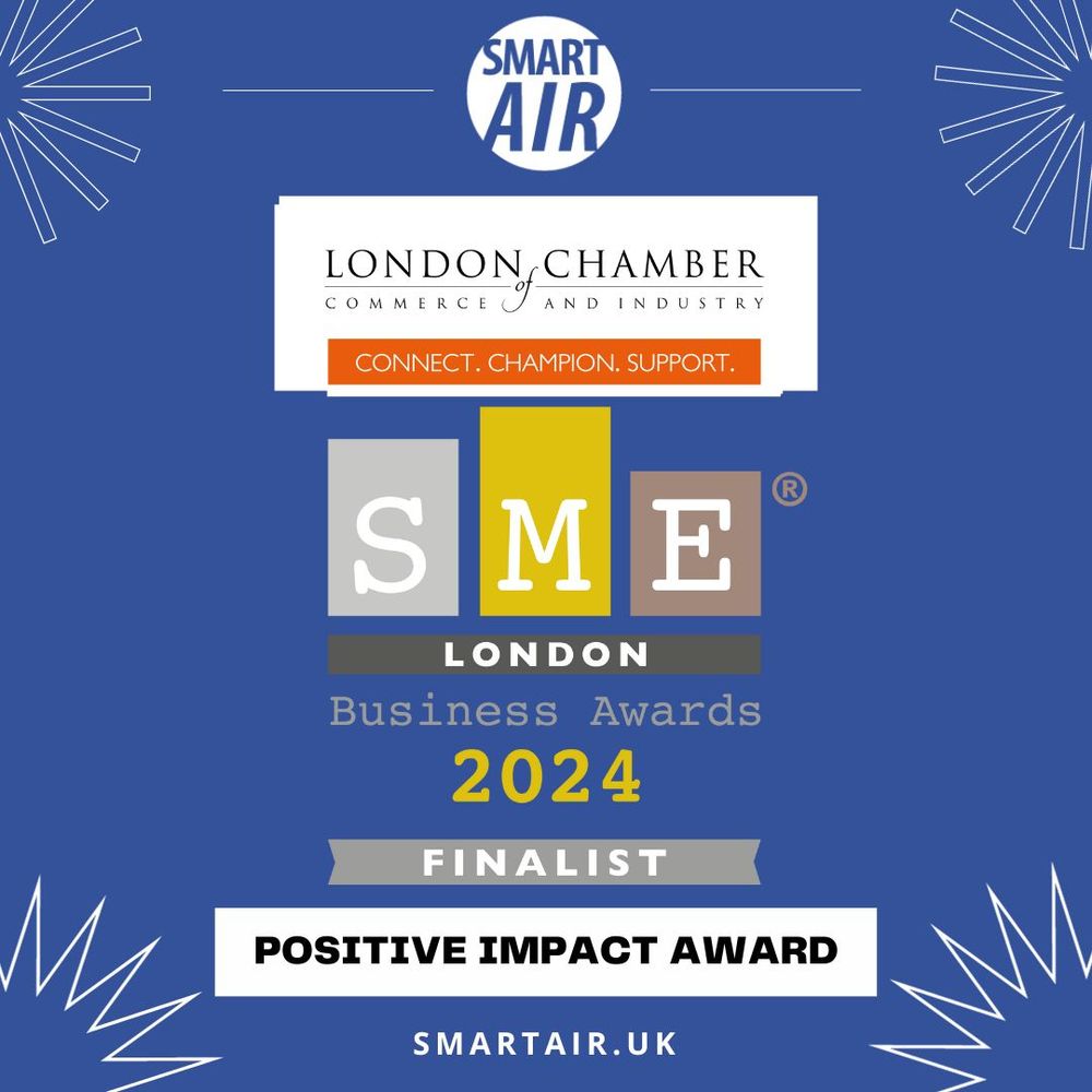 This image has a blue background and some abstract white doodles. The image promotes Smart Air UK being a finalist for the SME's 2024 "positive impact award" by the London Chamber of Commerce