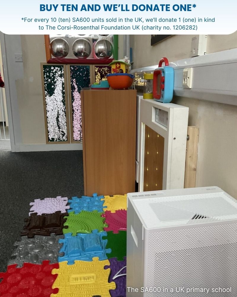 A UK primary school classroom corner featuring an SA600 air purifier unit in the foreground. Colorful interlocking foam mats cover part of the floor. A wooden cabinet holds toys and sensory items, including bowls and a toy kitchen set. Behind the cabinet, three large bubble tubes with floating beads are visible. Promotional text reads: "BUY TEN AND WE'LL DONATE ONE For every 10 (ten) SA600 units sold in the UK, we'll donate 1 (one) in kind to The Corsi-Rosenthal Foundation UK (charity no. 1206282)." Caption at the bottom right states: "The SA600 in a UK primary school."