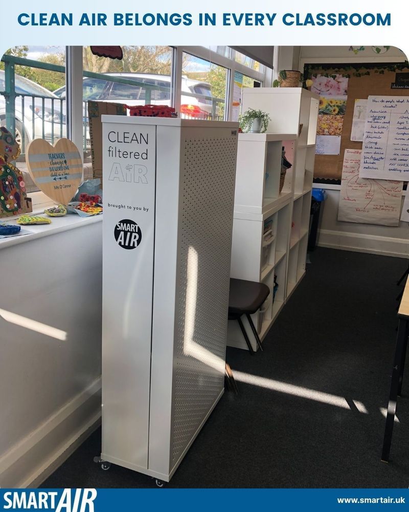 The Blast air purifier by Smart standing in a bright primary school classroom next to a window and shelving. Colourful student artwork and teaching materials are displayed around the room. The text reads “Clean air belongs in every classroom.”