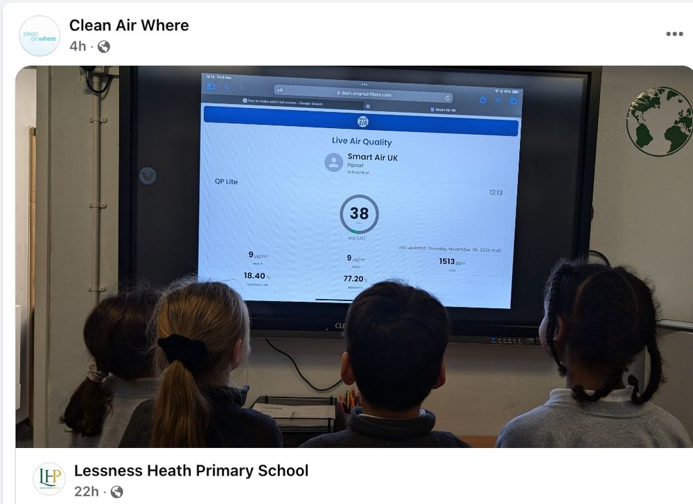 Image shows children learning about air quality on a screen which shows the Smart Air Dashboard