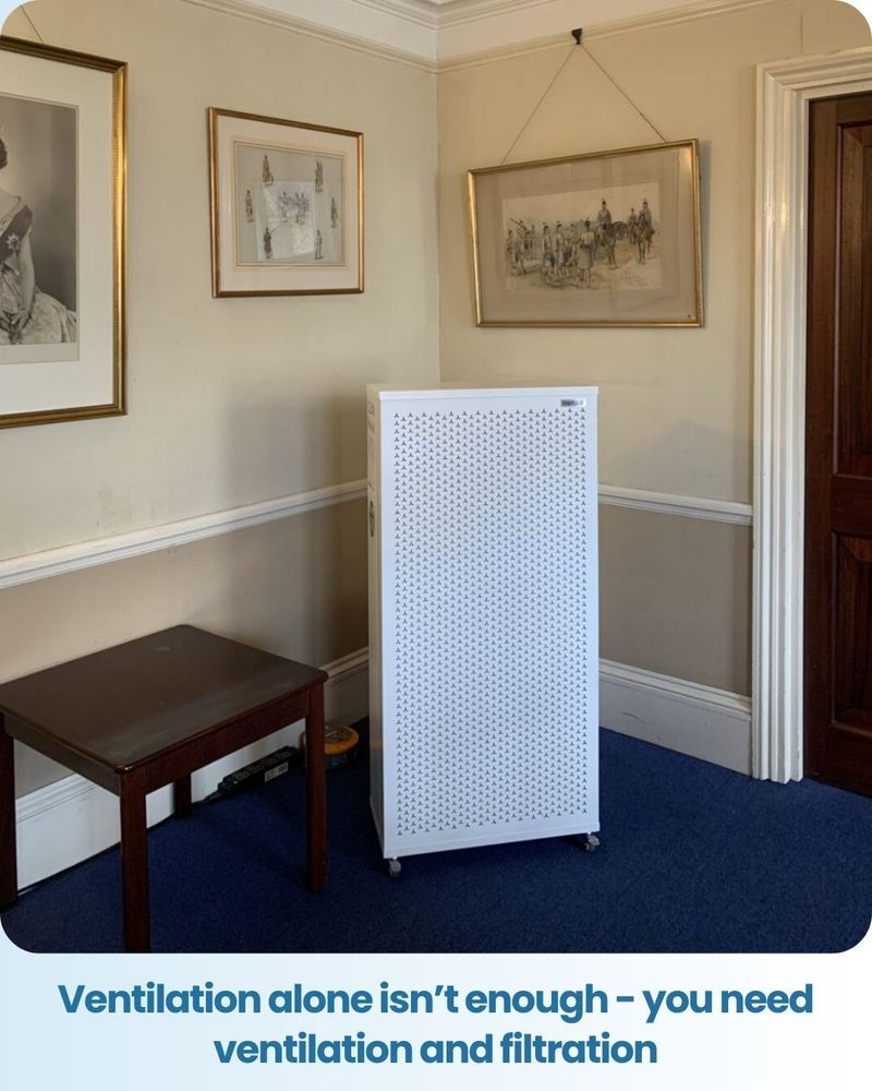 White the Blast air purifier placed against the wall in a  room with framed artwork and a wooden side table. Blue carpet flooring contrasts with beige walls. Caption at the bottom reads: “Ventilation alone isn’t enough – you need ventilation and filtration.