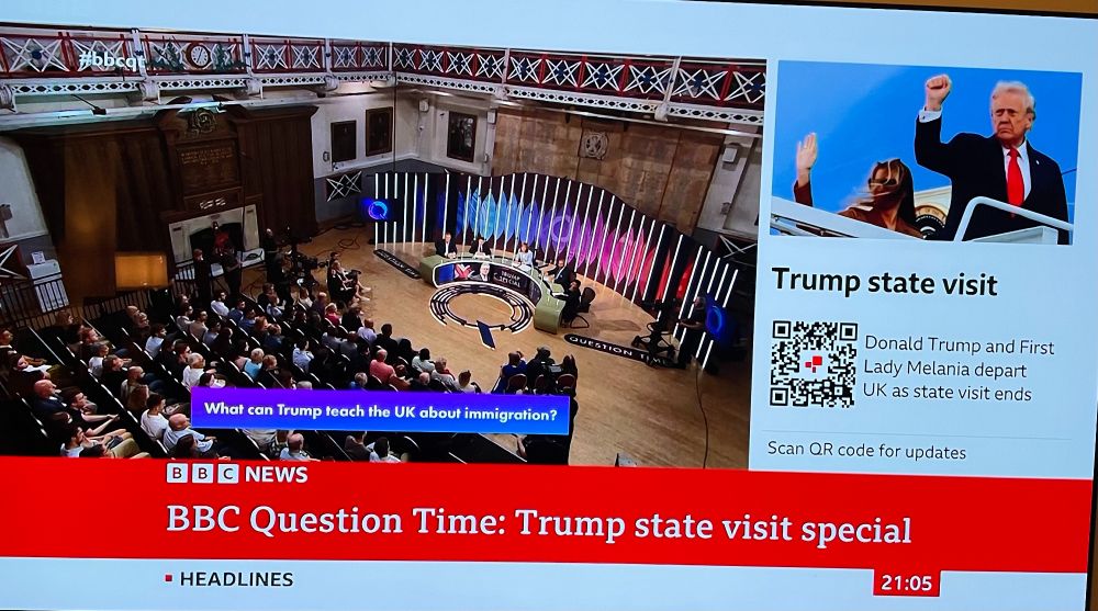 Screenshot of the TV with BBC Question Time panelist and the Blast air purifier from Smart Air UK in the background