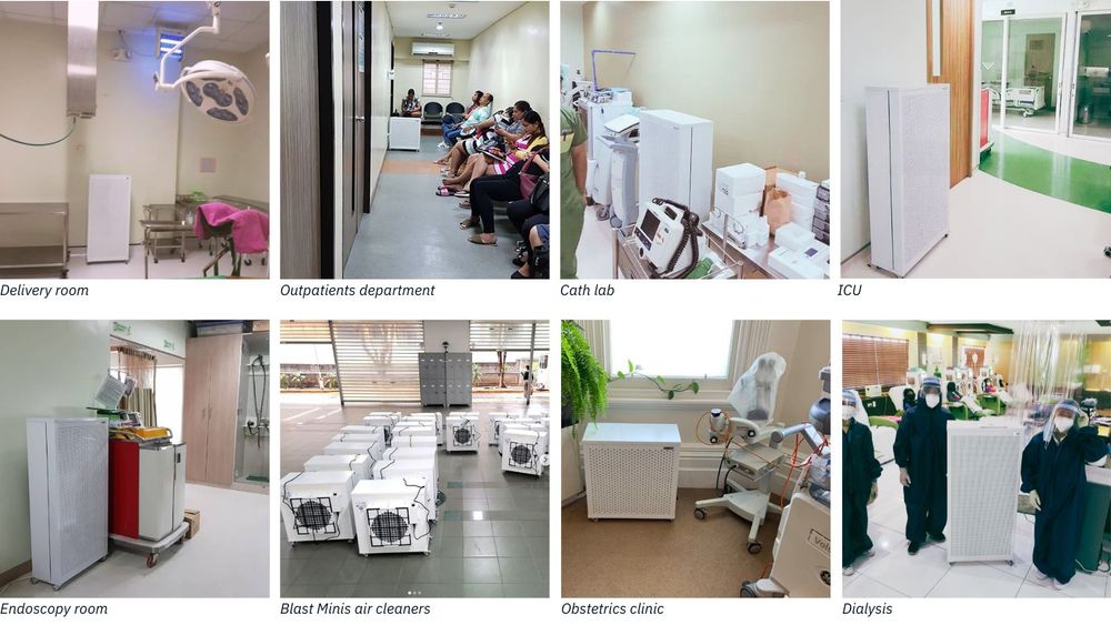 8 images of the Blast and Blast Mini air cleaners in various hospital areas: delivery room, outpatients department, cath lab, ICU, edoscopy room obstetrics, dialysis