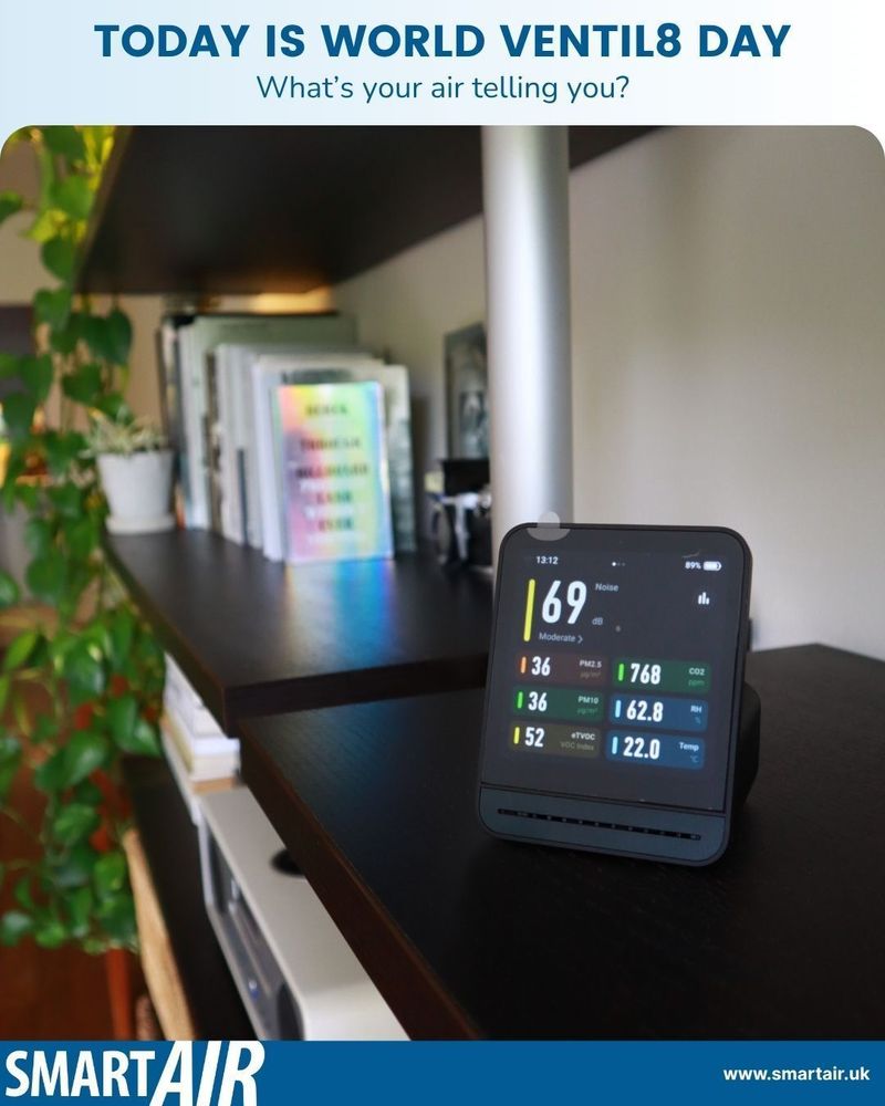 A QP Pro 2 air quality monitor sits on a dark wooden shelf displaying live readings for noise, particulate matter (PM2.5 and PM10), CO₂, humidity, VOCs and temperature. Books and a leafy plant are in the background. Text at the top reads, “Today is World Ventil8 Day – What’s your air telling you?” with the Smart Air logo at the bottom.
