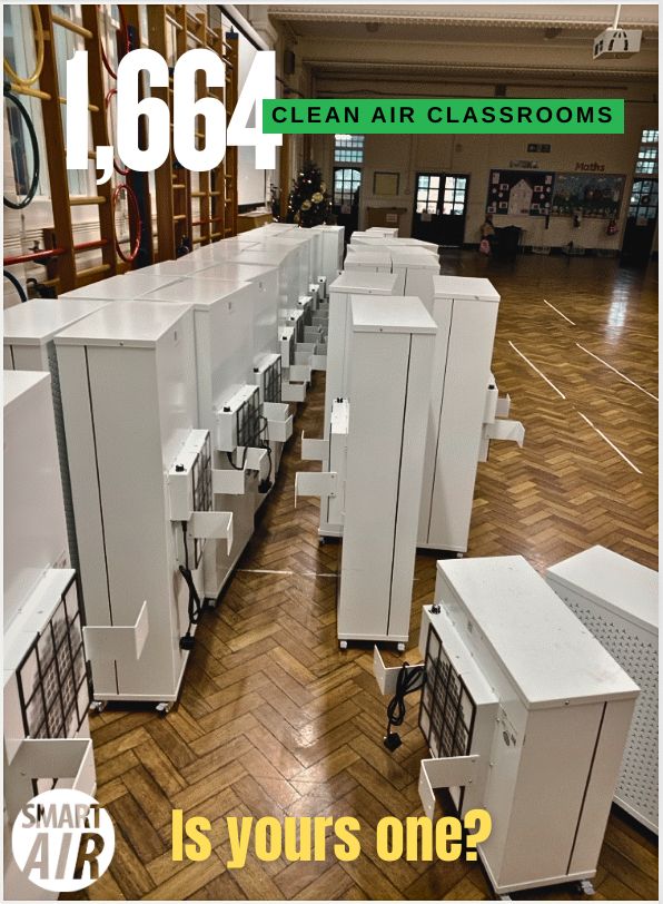 Image shows an army of Blast and Blast Mini air filters from Smart Air UK in a school gym/hall, ready for installation. Text reads: 1664 clean air classrooms - is yours one?