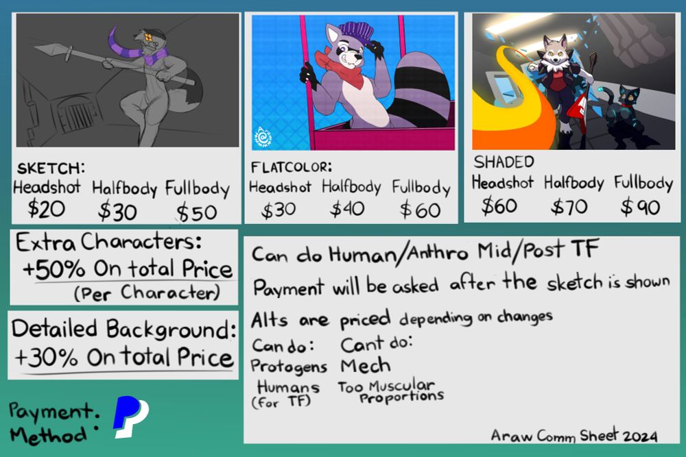 Arawwwwww's Price Sheet
Sketch:
Headshot $20
Halfbody $30
Fullbody $50
Flat Color:
Headshot $30
Halfbody $40
Fullbody $60
Shaded:
Headshot $60
Halfbody $70
Fullbody $90
Extra (Per) Characters +50%
Detailed BG +30% 