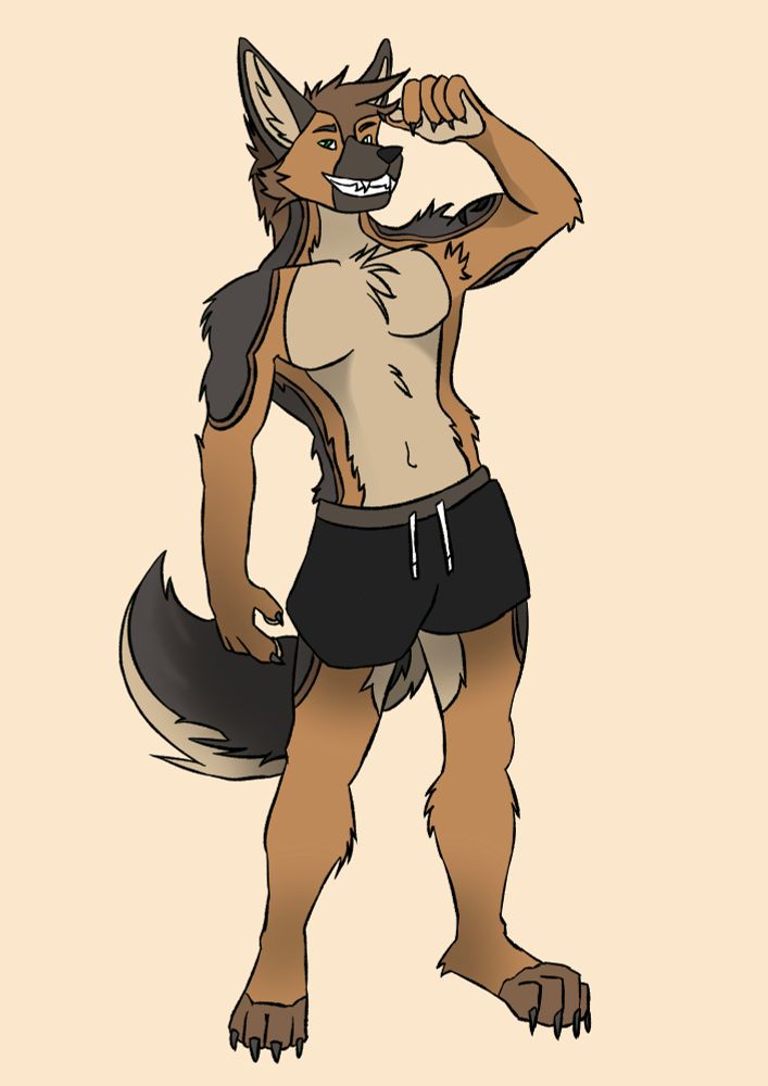 Malcheor the anthropomorphic coyote standing confidently in gym shorts moving hair out of his eyes.