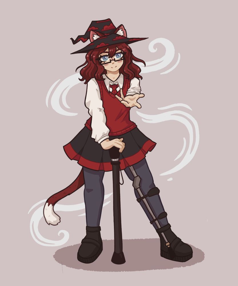 My oc Skye!

A young adult half-Grimalkin (Cat/Human hybrid) woman with light skin, blue eyes, a red tail and shoulder length red hair. She's wearing a red sweater vest over a white dress shirt w/ a red tie, a short black skirt w/ red trim, grey leggings and black loafers, as well as a black witch hat w/ a red cloud pattern. She's holding a cane and has a brace on her left leg

Art by @Cowiness