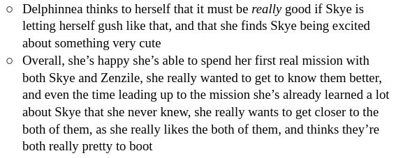 An excerpt from Wonder Soul's outline

It's Delphinnea musing about how she wants to get to know Skye and Zenzile more, and commenting on them being cute and/or pretty