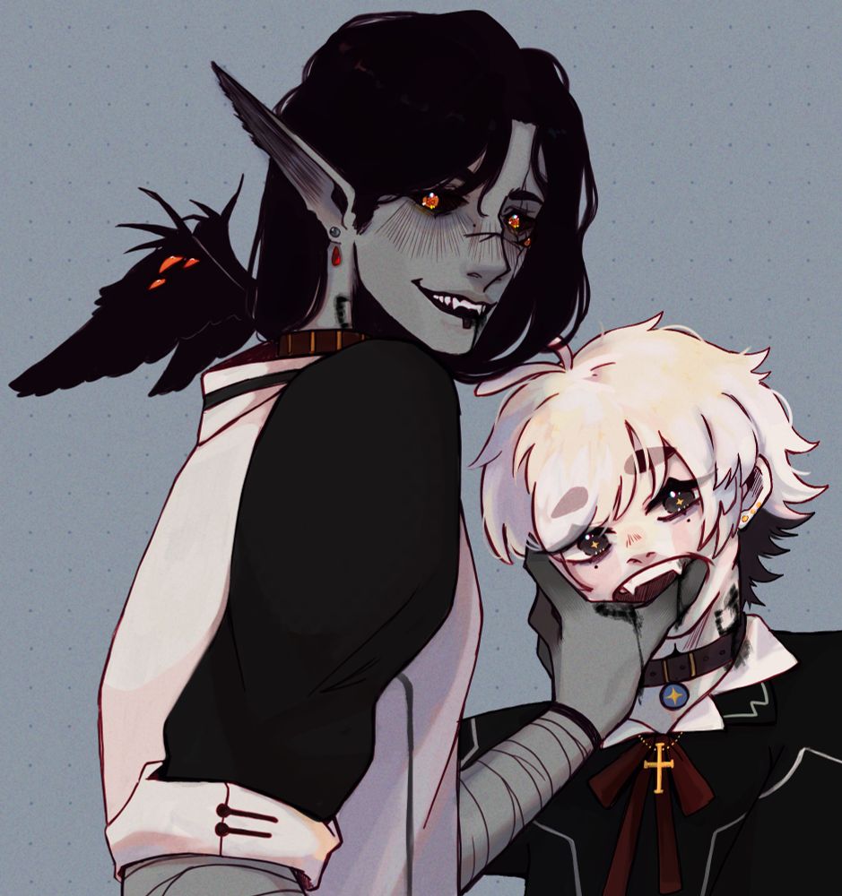 Same as previous image except the wounds are black instead of red, as neither character canonically has blood. VogMuninn and milqueghost in alternating black and white attire. Both are covered in bite marks and look towards the camera. 