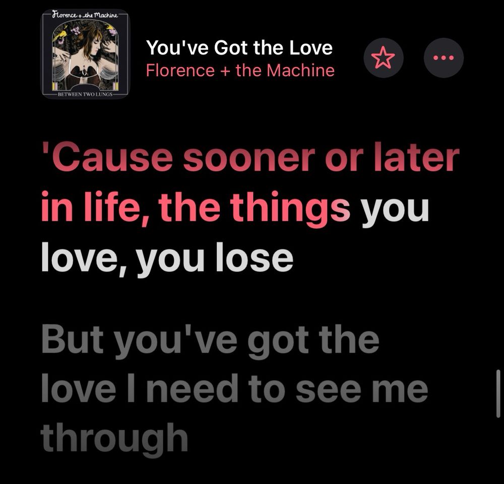 Screenshot of lyrics from Apple Music, the song is You’ve Got The Love by Florence + the Machine and the lyrics are “‘Cause sooner or later in life, the things you love, you lose, but you’ve got the love I need to see me through”.