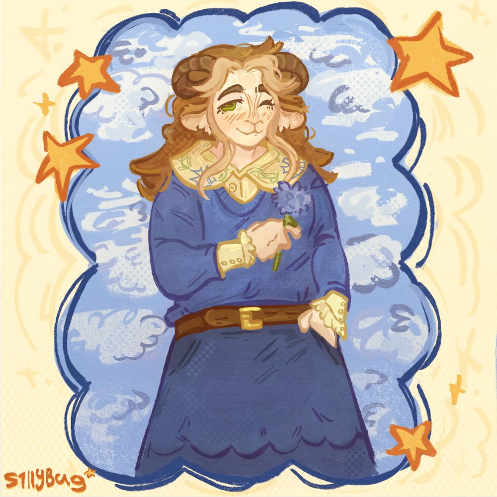 a drawing of a humanoid character with sheep characteristics. they have long brown hair with blonde strands and bangs, green eyes, fluffy sheep ears and small dark brown horns. they are dressed in a blue sweater with ruffled cream sleeve cuffs, as well as a cream collar on top with blue and green flower patterns. they are wearing a long dark blue skirt with a brown belt that runs across their waist. they are holding a blue flower in their hand with a calm and happy expression on their face and their left eye is closed. they are standing in front of a blue sky and clouds, which are confined in a round, uneven oval shape with dark blue outlines and stars that overlap it. around this shape is a baby yellow background which has uneven squiggly line patterns. the whole drawing has a warm yellow tint to it. 