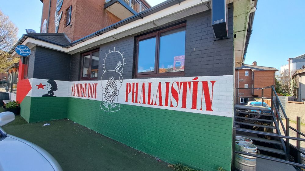 Wall Mural depicting flag of Palestine with the words Saoirse don Phalaistín, pictures of Handala, and Constance Markiewicz and a red star. 