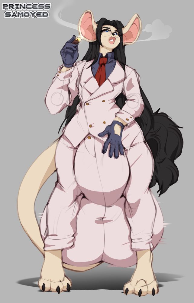 A hyper femboy kangaroo rat in a fancy suit. His hand resting on his clothed bulge as he smokes a cigar, inviting you closer. 