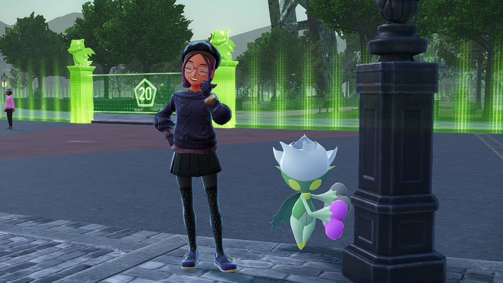 A screenshot of my Pokemon Legends Z-A character dressed in purple and black with a Shiny Roserade with purple and black flowers