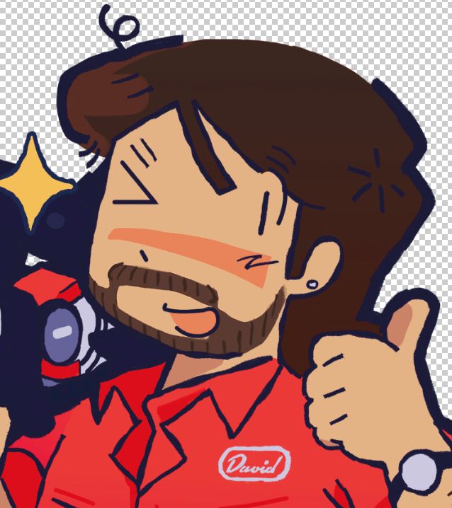cropped drawing of david gutel (ginger root) holding a canon xl1 s video camera