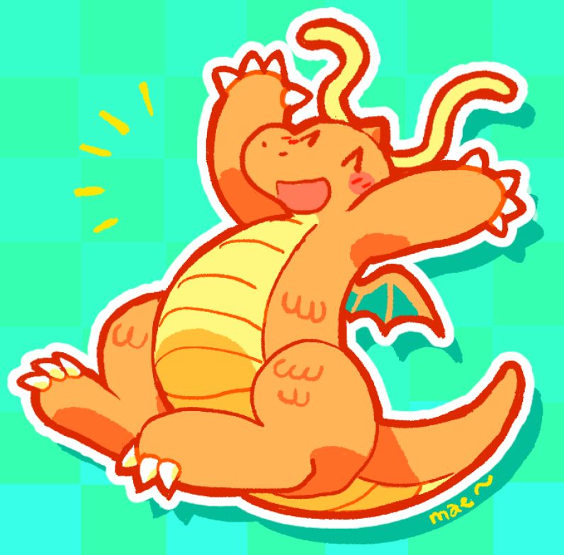 drawing of dragonite (pokemon) with a big smile