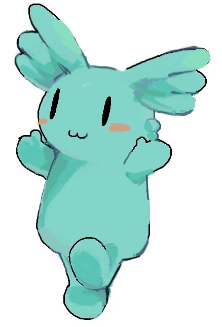 ange, a turquoise bunny-like mascot for seibu bus with angel wings for ears putting their arms up and putting a leg up forward