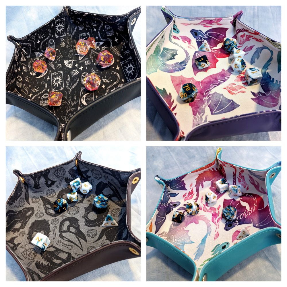 A collage of 4 multicoloured fabric DND dice trays