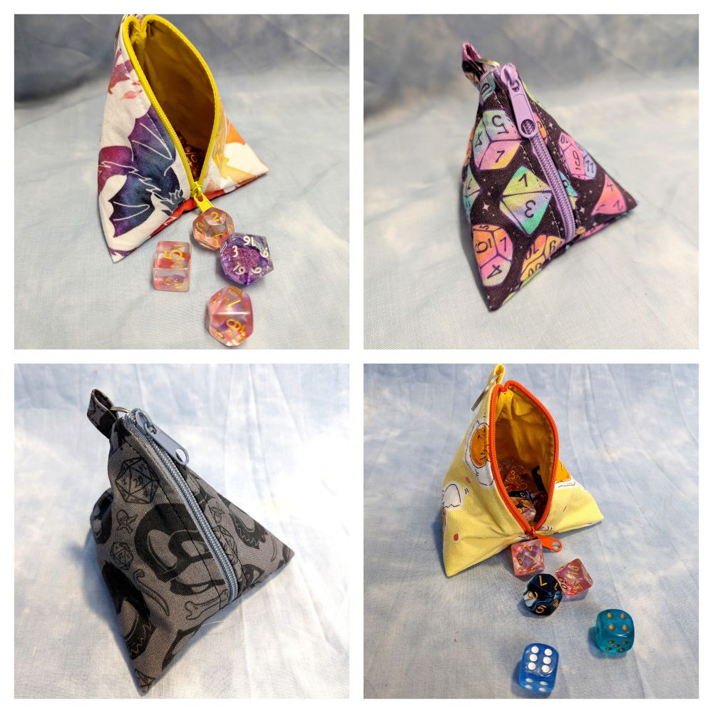 A collage of four brightly coloured DND dice bags