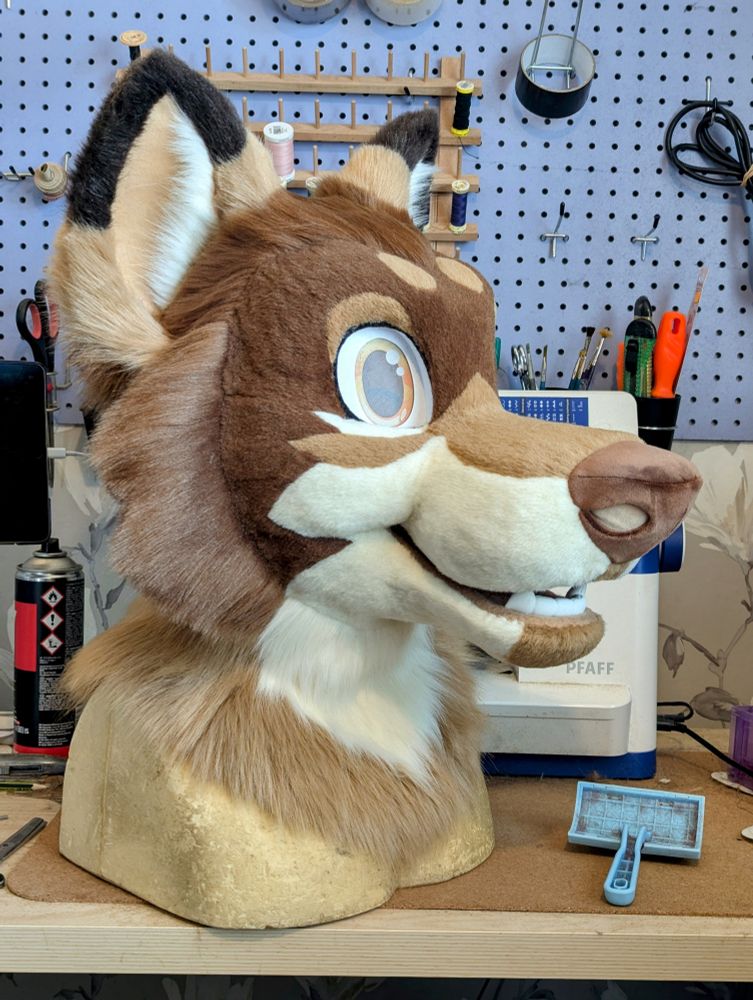 A tan, brown and cream coyote toony fursuit head in the final stages of construction
