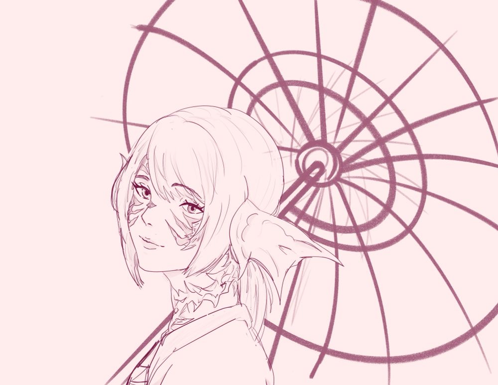 a sketch of an au ra girl smiling softly while an open parasol rests on her shoulder 