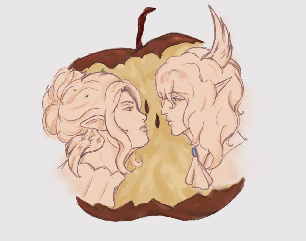 the silhouette of two women face each other towards the center of an apple core