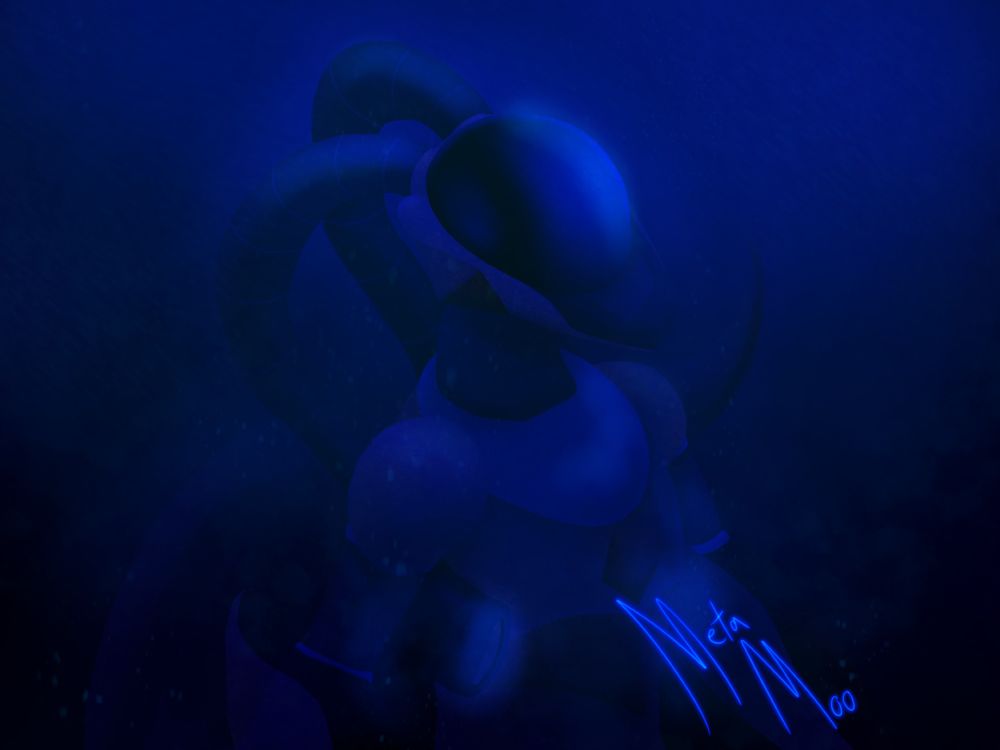Sea serpent-themed Mega Man fan character deep under the ocean. Camera angle is looking down at him from above
