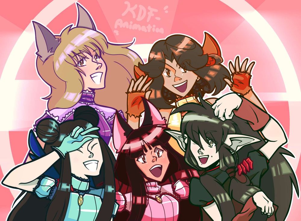 A group of friends posing together and smiling with an abstract background and bright, colorful highlights. They’re dressed up as Zakuro, Pudding, Minto, Ichigo and Kisshu