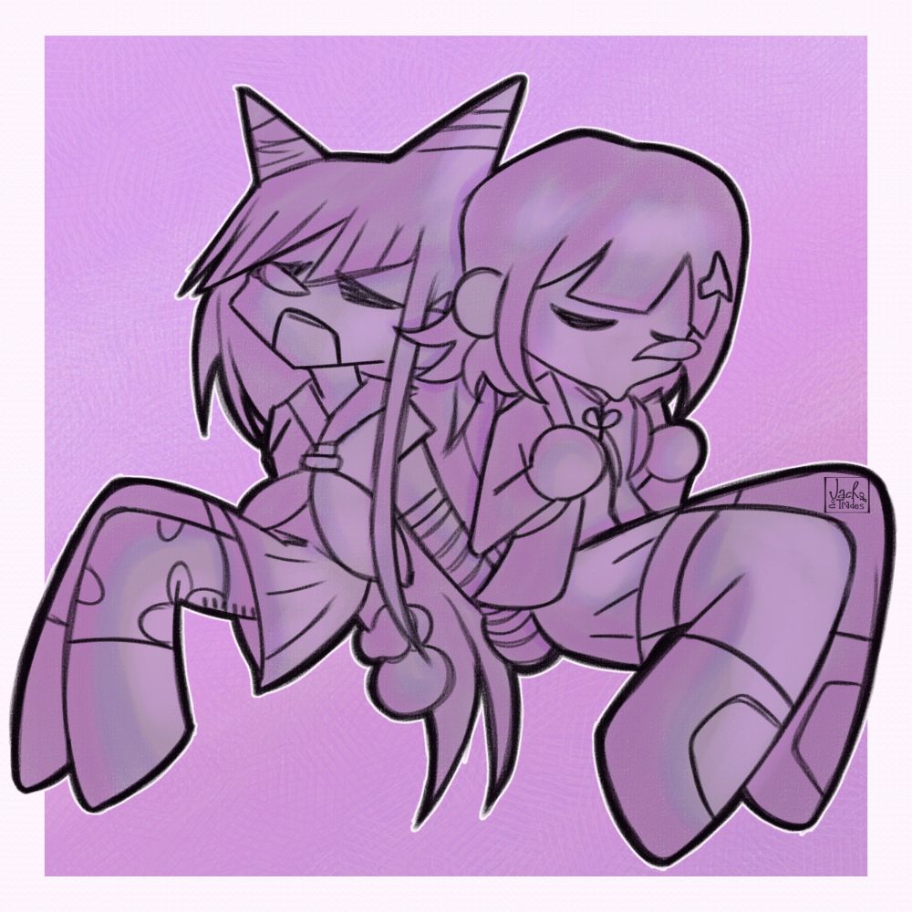 An image of chibi versions of Chiaki Nanami and Ibuki Mioda from Danganronpa. Both are curled up, asleep, with small bubbles from their noses. The image is in pinks and purples.