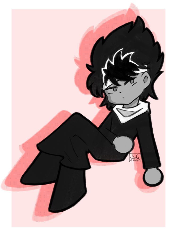 A chibi version of Yu Yu Hakusho's Hiei, crossing his legs and dressed in his usual black overcoat and white scarf. The background is white with a light red square, and both a red dotted and solid light red silhouette are behind the character.
