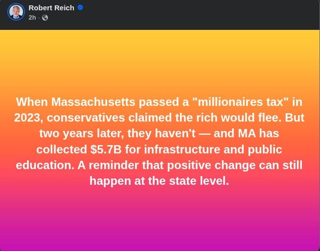 Screenshot of a post by Robert Reich that says, "When Massachusetts passed a "millionaires tax" in 2023, conservatives claimed the rich would flee. But two years later they haven't -and MA had collected $5.7B for infrastructure and public education. A reminder that positive change can still happen at the state level."