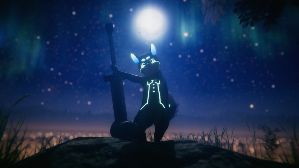 A photo taken in vrchat by Prismatic of a glowy shiba named Ty leaning on the hilt of a sword in the mountain. Behind is a starry sky with a big moon and shining yellow lights below