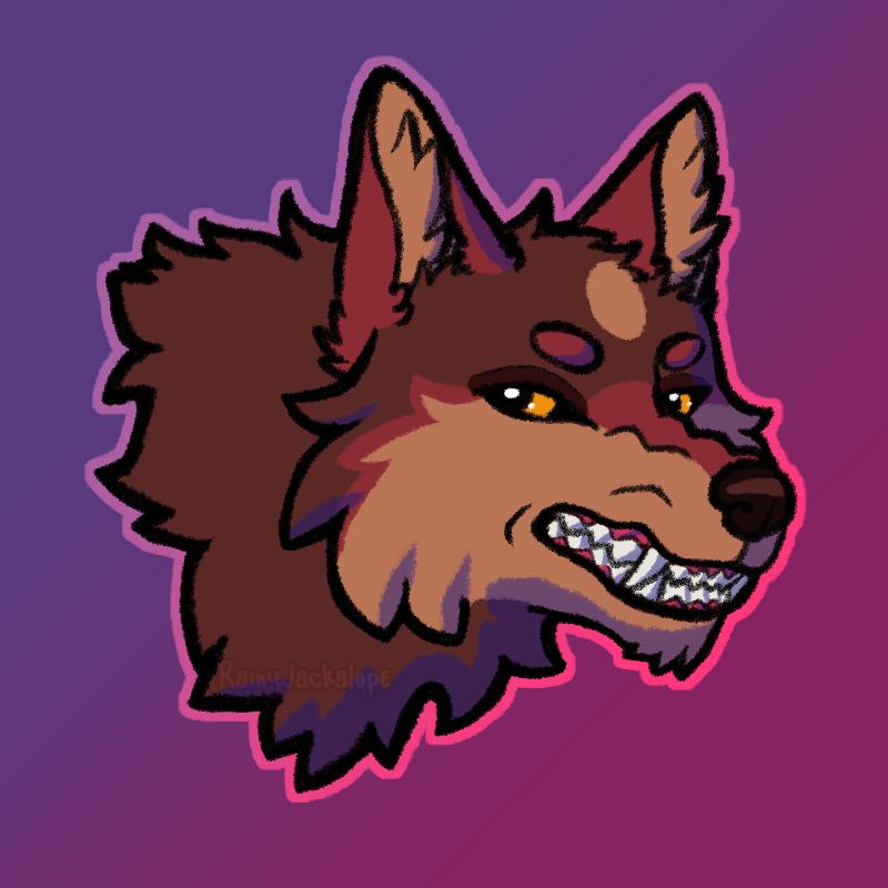 A drawing of the head of a brown and red wolf snarling and glaring to the side.