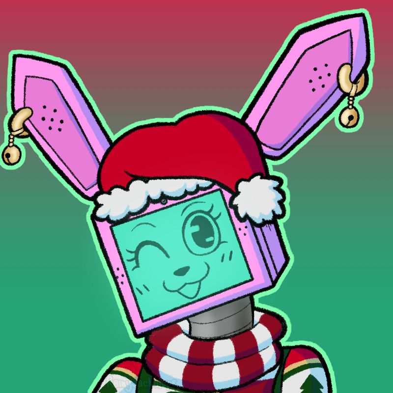 The same drawing as the others but Christmas-themed. She is her usual pink color scheme but wearing a Santa hat, a Christmas sweater, and a red and white scarf. Her earrings are gold with jingle bells.