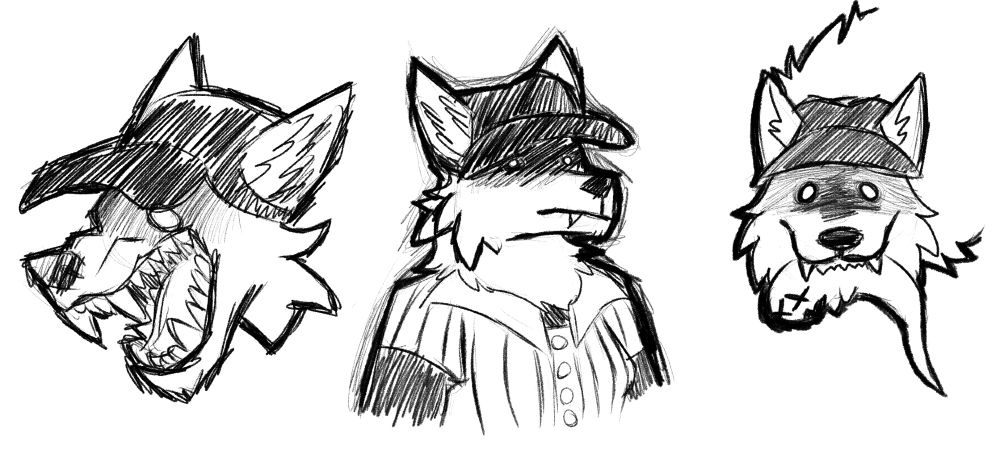 Three sketchy drawings of a wolf dressed like the Batter from OFF. First one is just his head showing all his teeth, second is a half body drawing of him looking ominously menacing, third is his head facing the viewer with a small dead ghost hanging from his jaws.