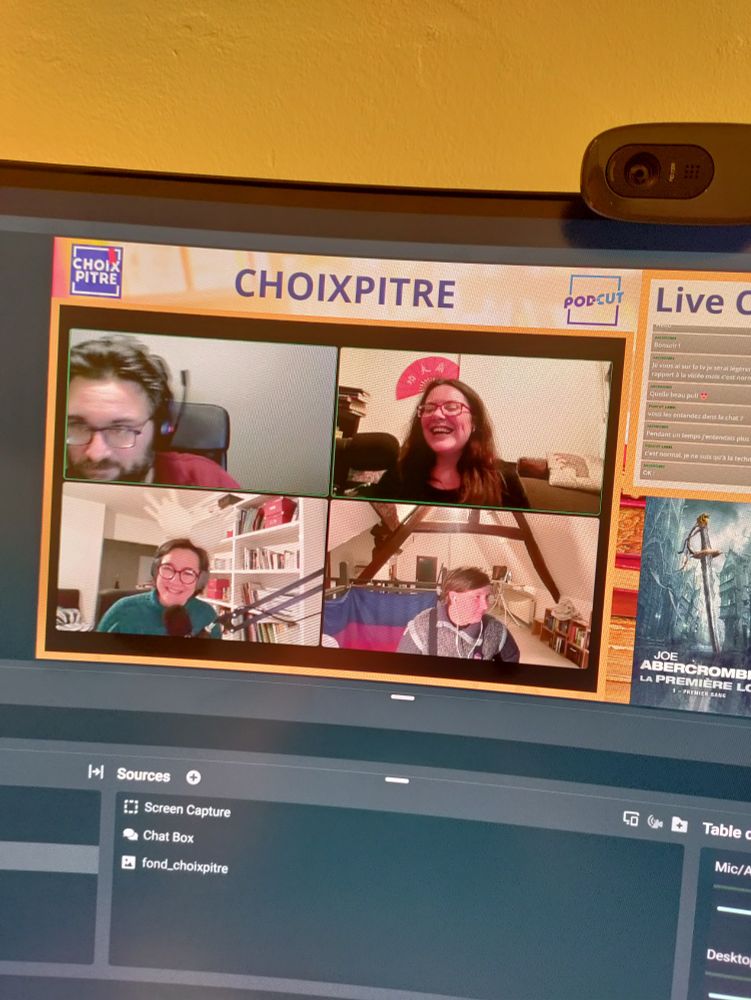 photo d'un ecran d'ordinateur. On peut y voir 4 webcam et le livre d'abercrombie : la 1ere loi