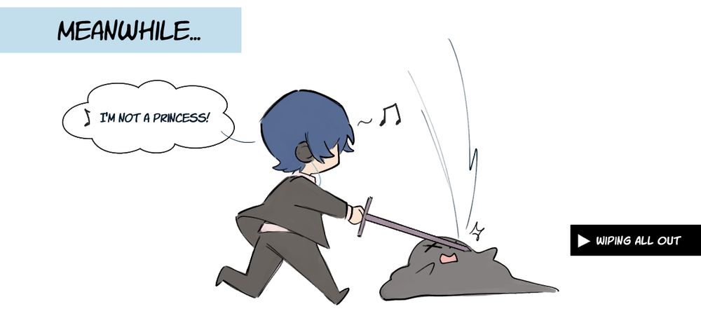 The last panel has the boy listening to the girl's playlist and vibing with the track "Wiping All Out". Lyrics start with "I'm not a princess!"