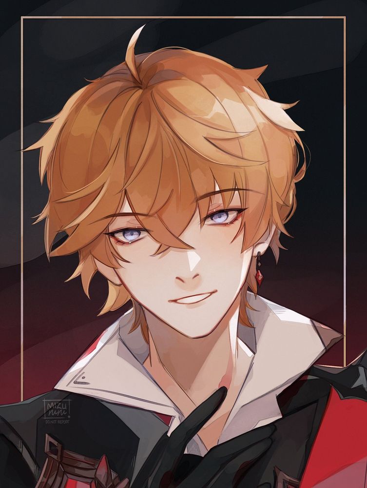 A digital illustration (from 2021) of Childe, a ginger man with blue eyes wearing a red diamond earring on his left ear and a black, red and white outfit, slightly bloodied. His hand is on his chest.