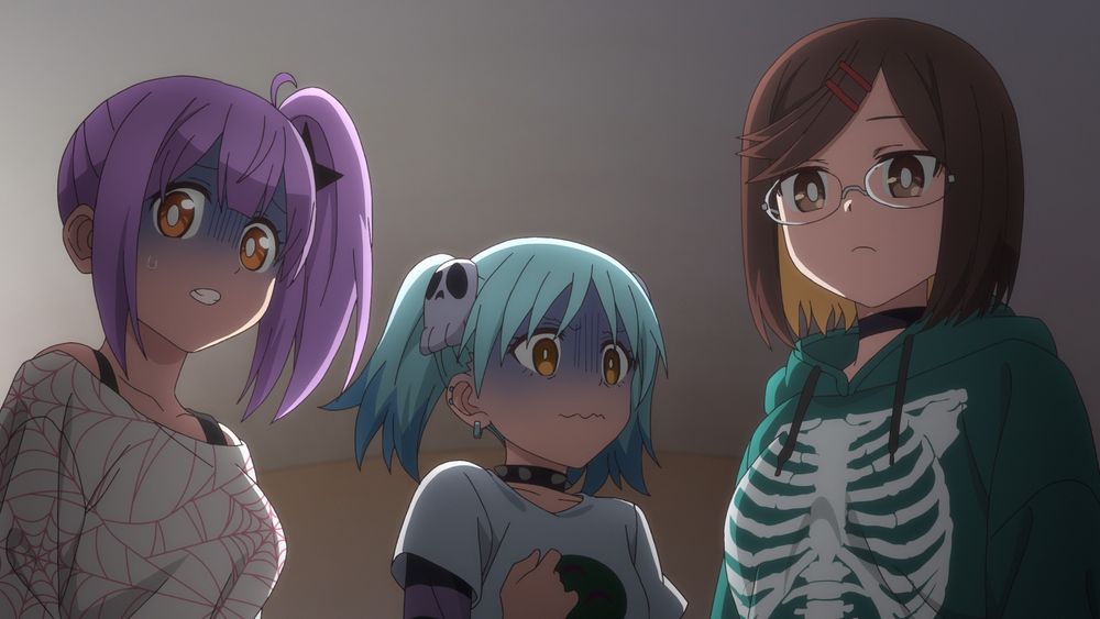 satoko, marin, and konoha looking real scared. satoko is wearing a white boat-neck shirt with a spider web design 