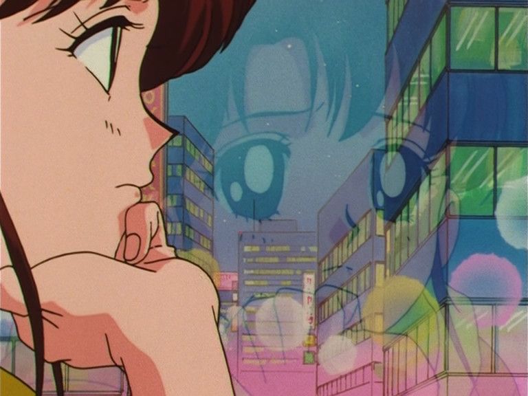 same scene as before, but now close up on a side-view makoto's face, the front of which is also being clearly reflected in the window taking up most of the shot