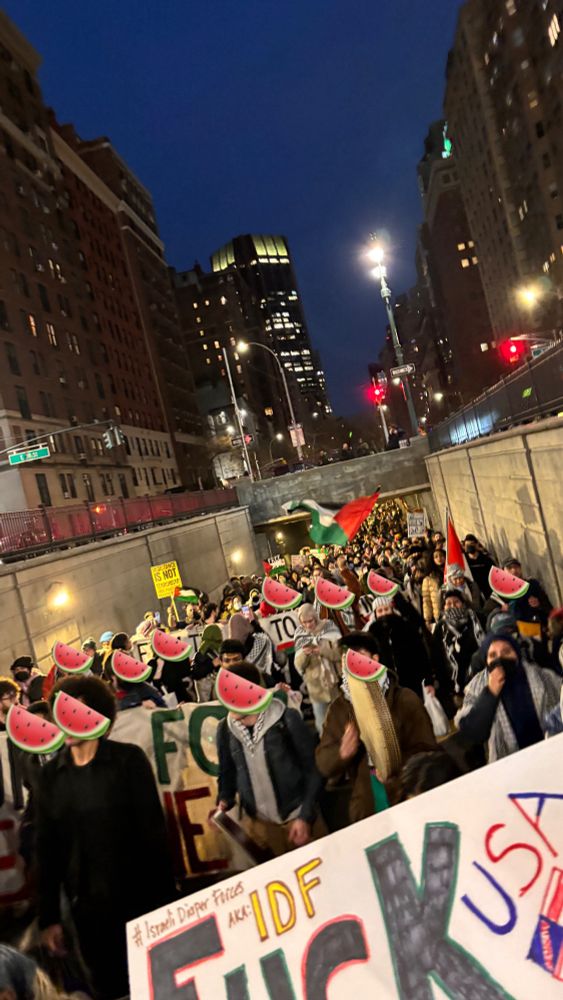 Thousands march for Palestine through the midtown tunnel with keffiyehs, Palestine flags, signs, and banners at night. Faces are obscured with watermelon emojis.