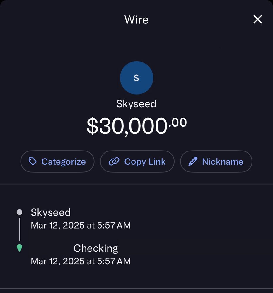 $30K wire received from Skyseed to Blacksky’s checking account 