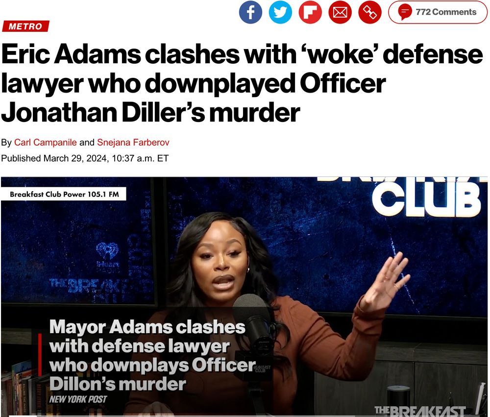 NY Post headline that reads "Eric Adams clashes with ‘woke’ defense lawyer who downplayed Officer Jonathan Diller’s murder".

By Social Links for Carl Campanile and
Social Links for Snejana Farberov
Published March 29, 2024, 10:37 a.m. ET

Includes a thumbnail of Olurin's Breakfast Club interview